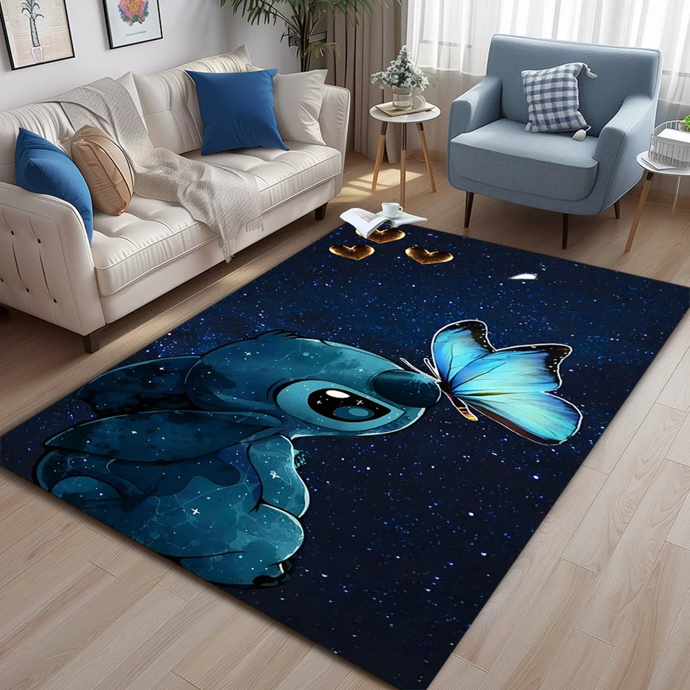 Alfombra Disney Stitch MINISO, con diseño de mariposas azules y estrellas, suave, para living, dormitorios.