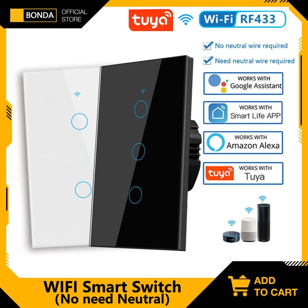¡Transforma tu hogar en un espacio inteligente y cómodo con un solo toque! El interruptor de pared inteligente Tuya, WiFi RF433 – 1/2/3 Gang Sin Cable Neutro con Sensor Táctil y Control por Alexa y Google Home
