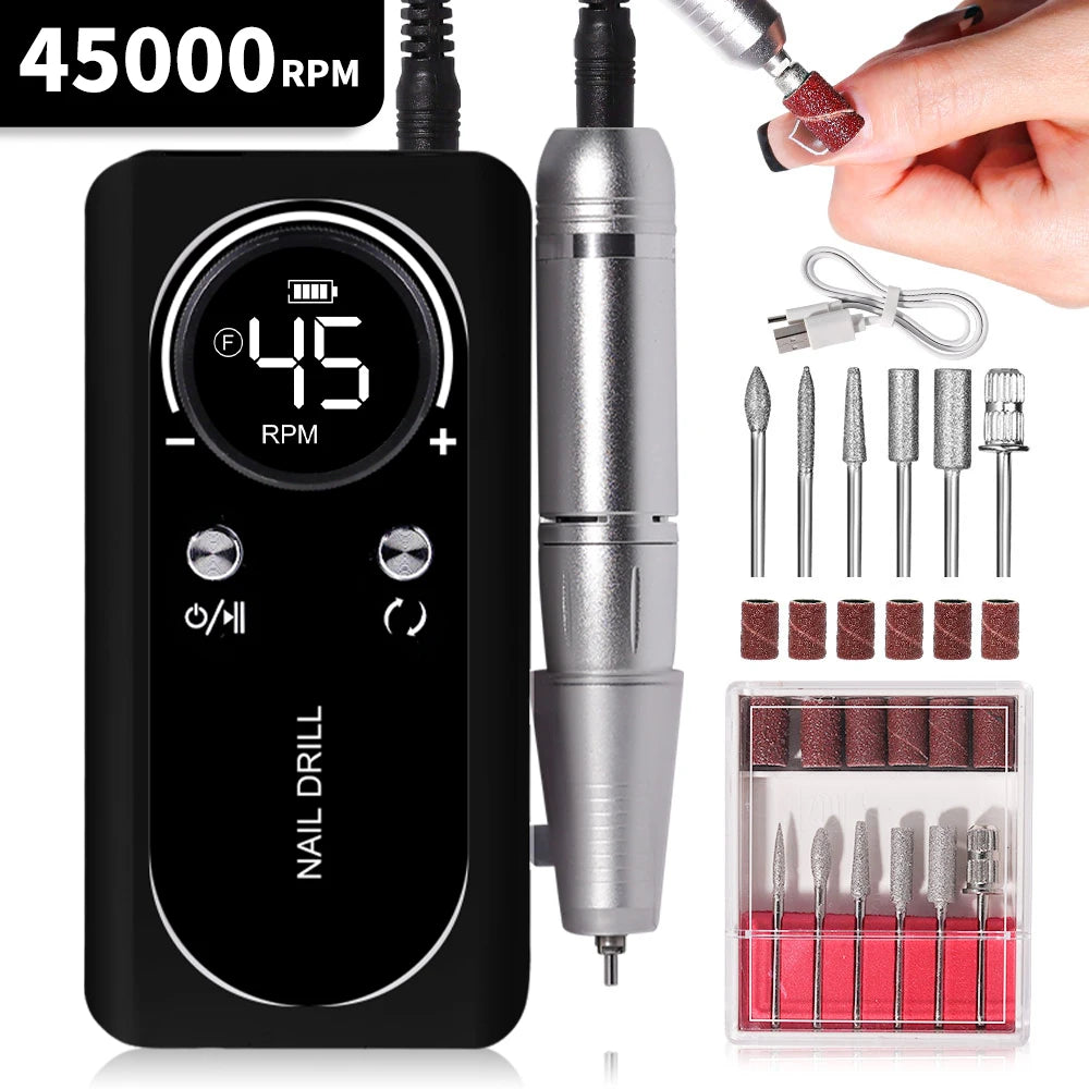 Torno Eléctrico Portátil Profesional 45.000 RPM | Potente, recargable y de bajo ruido. Ideal para manicura y pedicura, permite limar, pulir y retirar gel o acrílico con precisión.