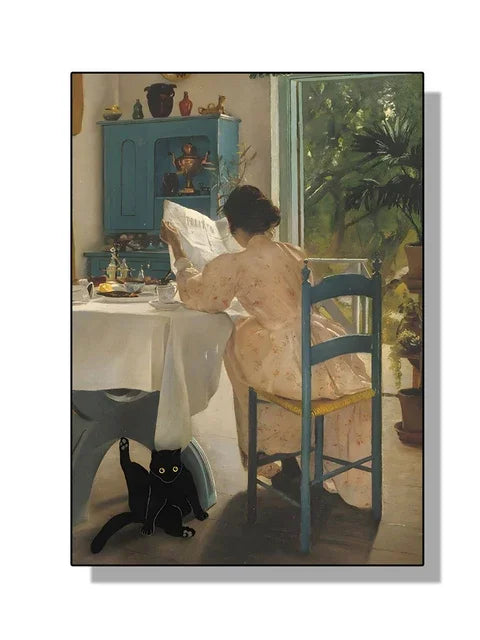 “Lienzo Decorativo Mona Lisa, Noche Estrellada y Girasoles con Gato Negro Divertido | Póster de Arte Famoso para Hogar.”