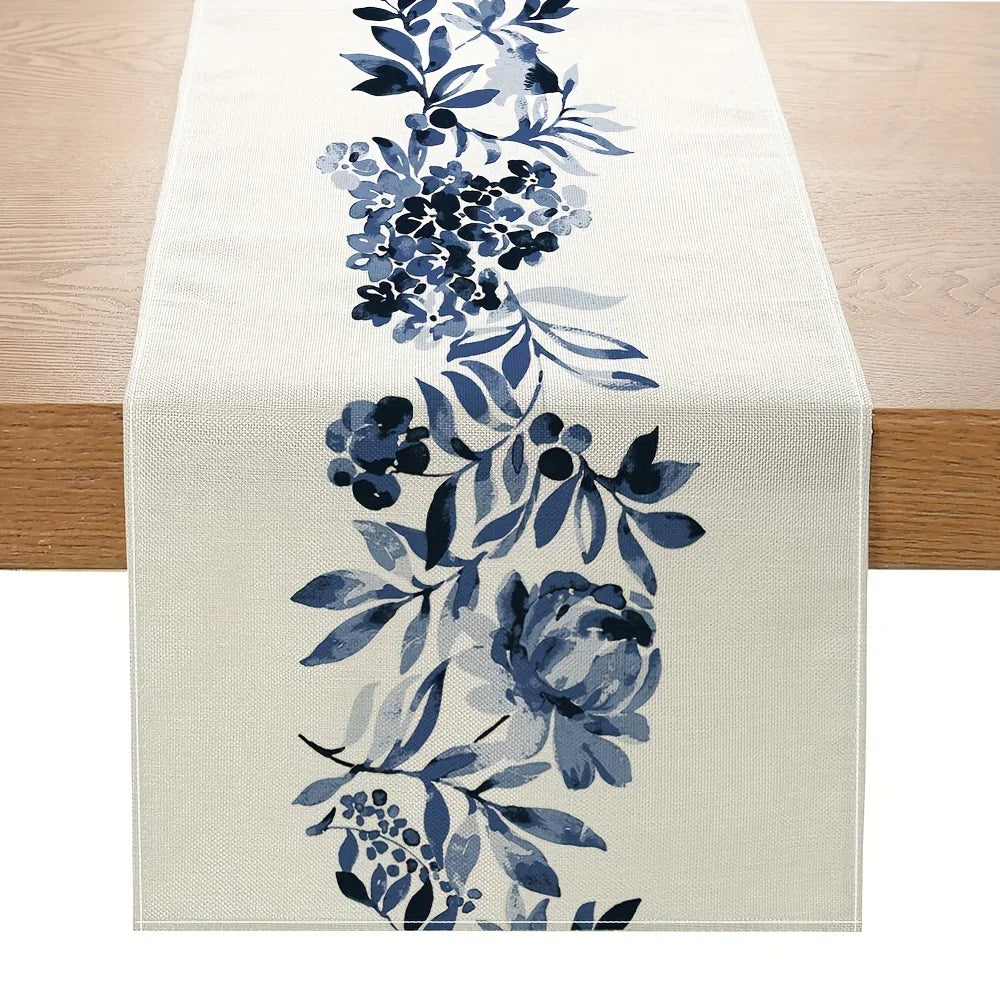 “Camino de Mesa de Lino Boho con Flores Azules | Ideal para Decorar Comedores, Cocinas, Aparadores y Mesas en Bodas, Fiestas o Celebraciones Especiales, Aportando Estilo y Elegancia.”