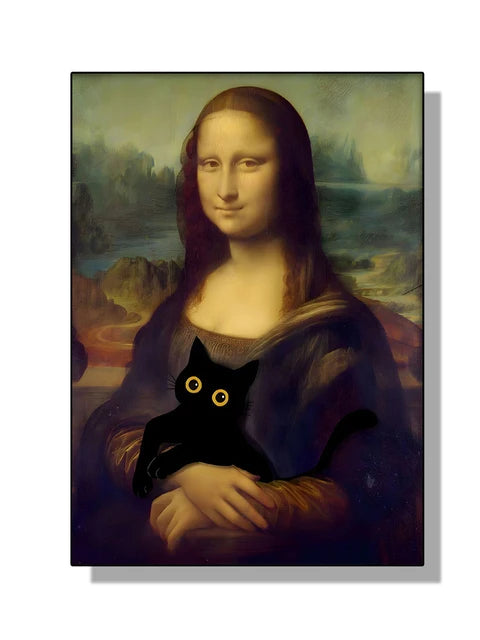 “Lienzo Decorativo Mona Lisa, Noche Estrellada y Girasoles con Gato Negro Divertido | Póster de Arte Famoso para Hogar.”