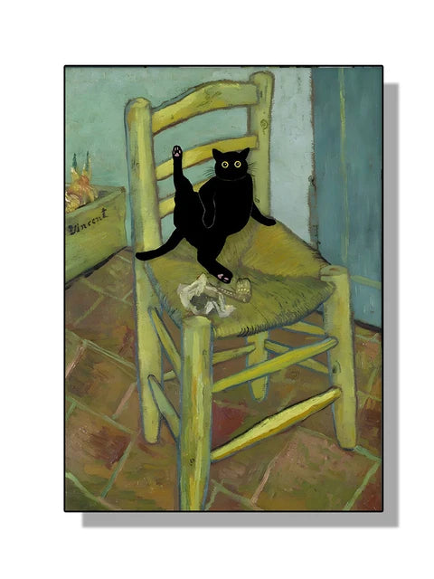 “Lienzo Decorativo Mona Lisa, Noche Estrellada y Girasoles con Gato Negro Divertido | Póster de Arte Famoso para Hogar.”