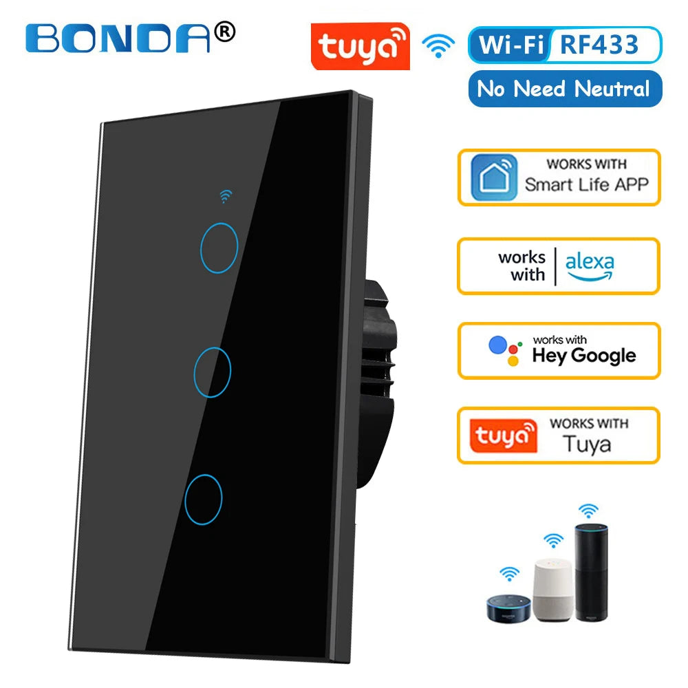 ¡Transforma tu hogar en un espacio inteligente y cómodo con un solo toque! El interruptor de pared inteligente Tuya, WiFi RF433 – 1/2/3 Gang Sin Cable Neutro con Sensor Táctil y Control por Alexa y Google Home