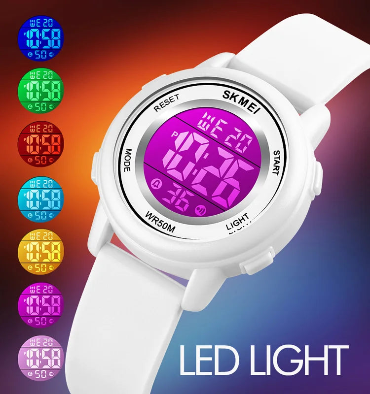 Reloj de pulsera digital LED de colores, resistente al agua, con alarma, deportivo, para niños y niñas.