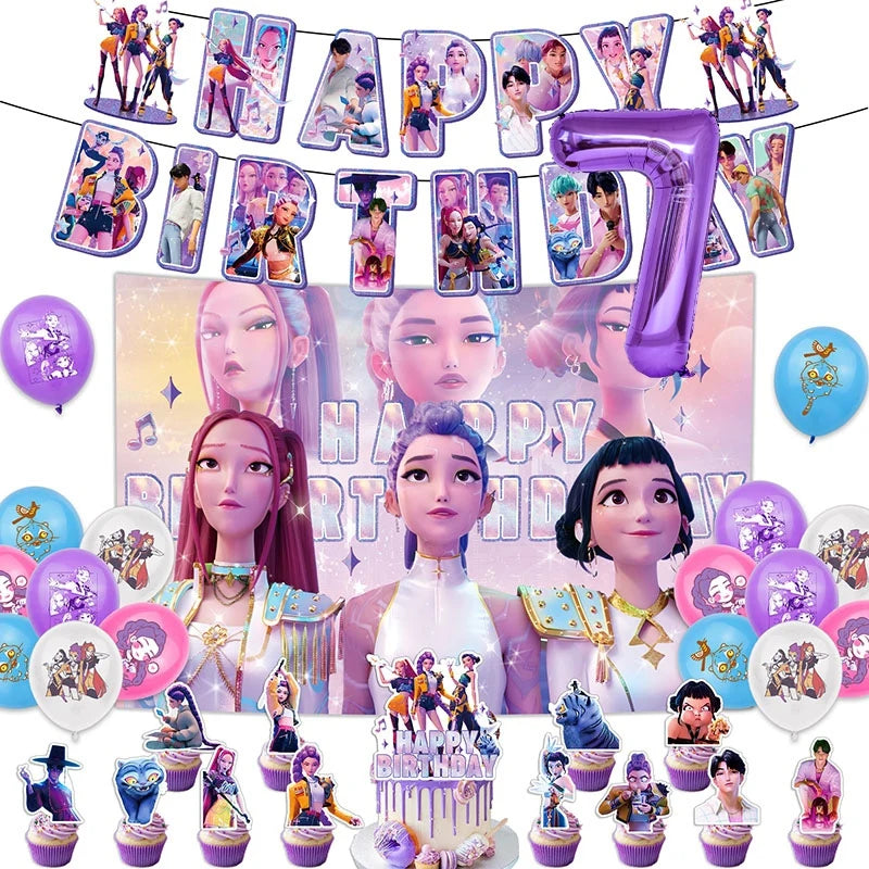 Set de Decoración de Fiesta K-Pop Demon Hunters | Incluye banner, globos, platos y mantel temático estilo anime coreano. Perfecto para cumpleaños y celebraciones, creando un ambiente divertido y único para fans del K-Pop.