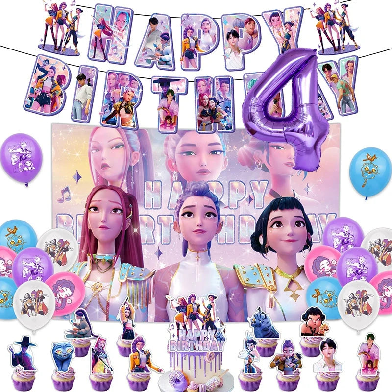 Set de Decoración de Fiesta K-Pop Demon Hunters | Incluye banner, globos, platos y mantel temático estilo anime coreano. Perfecto para cumpleaños y celebraciones, creando un ambiente divertido y único para fans del K-Pop.