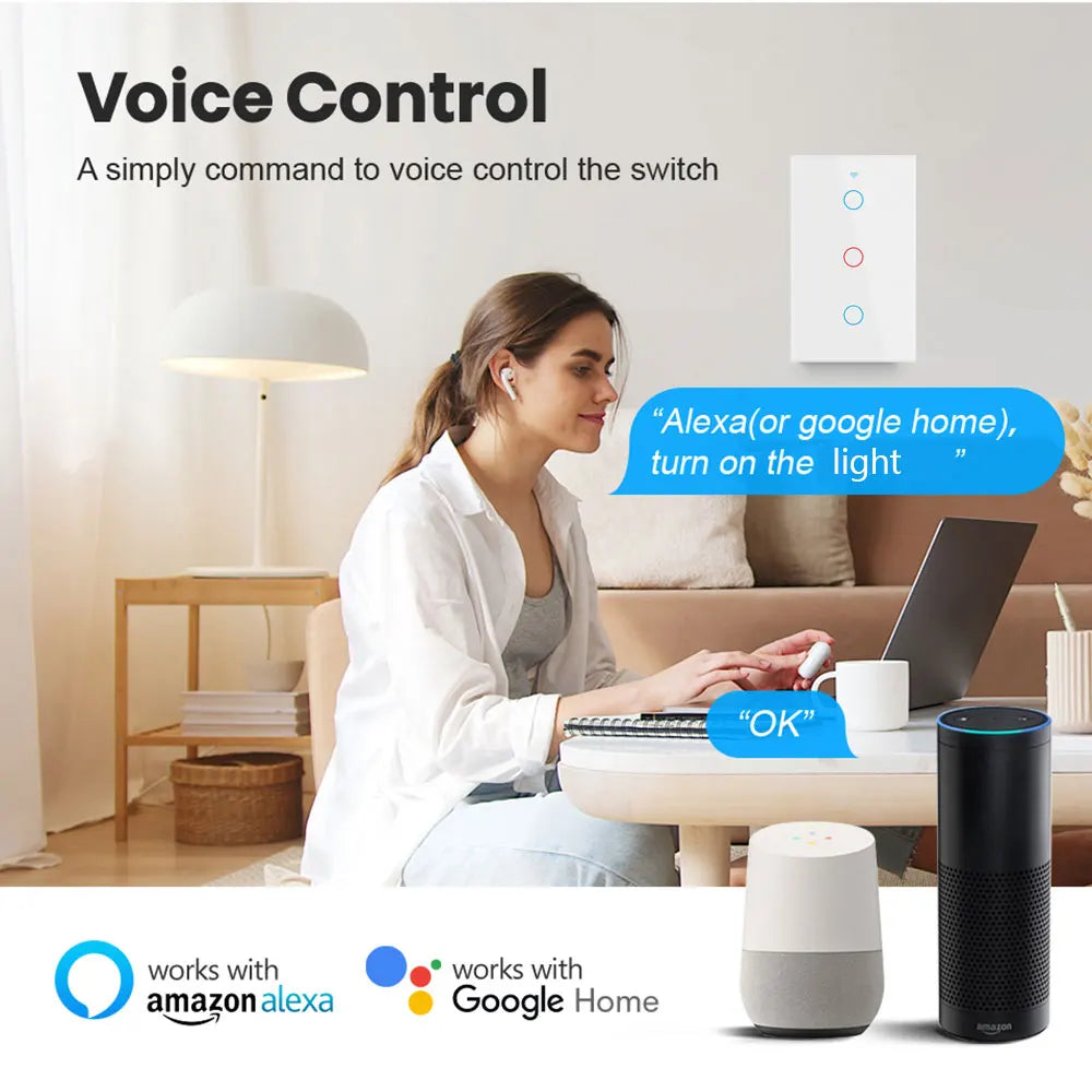 ¡Transforma tu hogar en un espacio inteligente y cómodo con un solo toque! El interruptor de pared inteligente Tuya, WiFi RF433 – 1/2/3 Gang Sin Cable Neutro con Sensor Táctil y Control por Alexa y Google Home