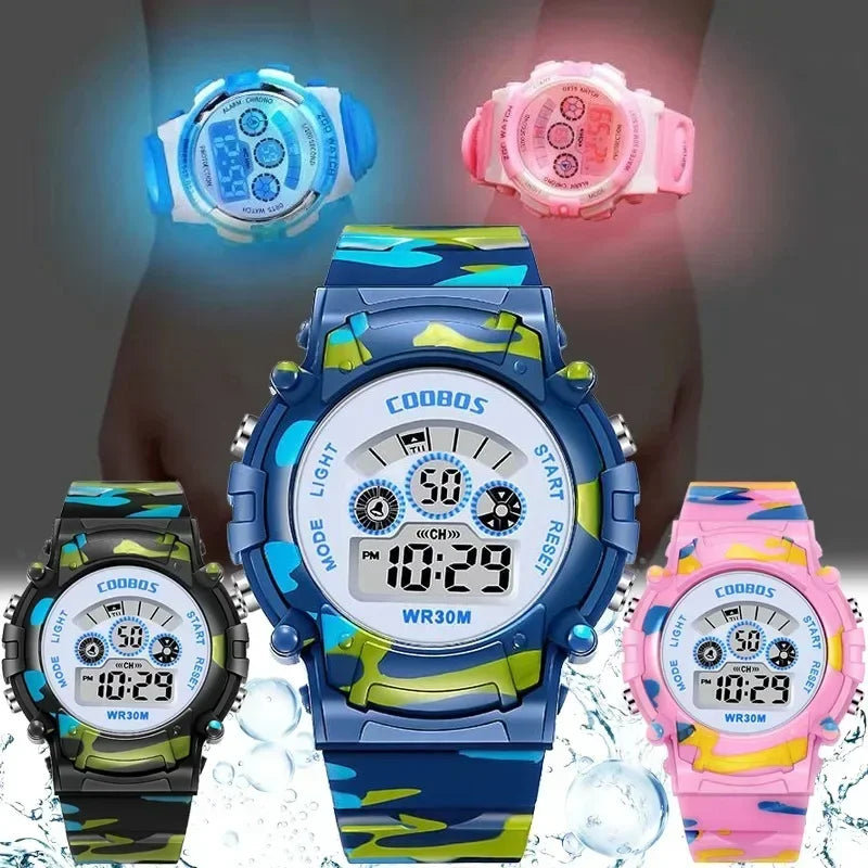 Relojes digitales militares para niños, resistente al agua, luminoso, LED, alarma, deportivo.