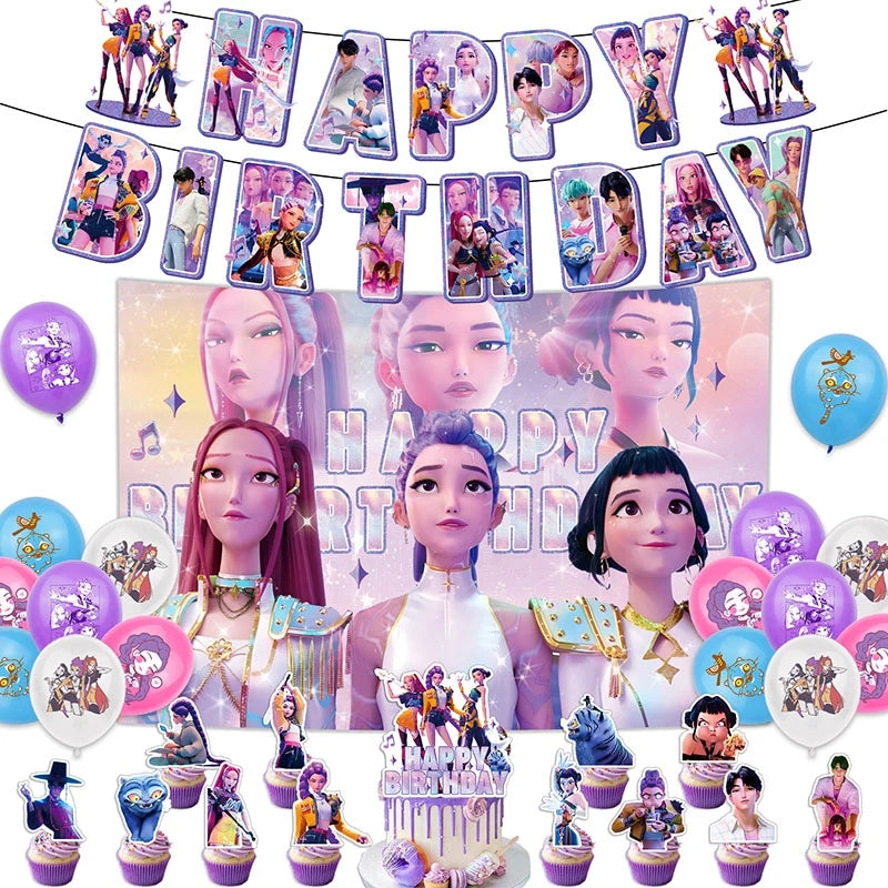 Set de Decoración de Fiesta K-Pop Demon Hunters | Incluye banner, globos, platos y mantel temático estilo anime coreano. Perfecto para cumpleaños y celebraciones, creando un ambiente divertido y único para fans del K-Pop.