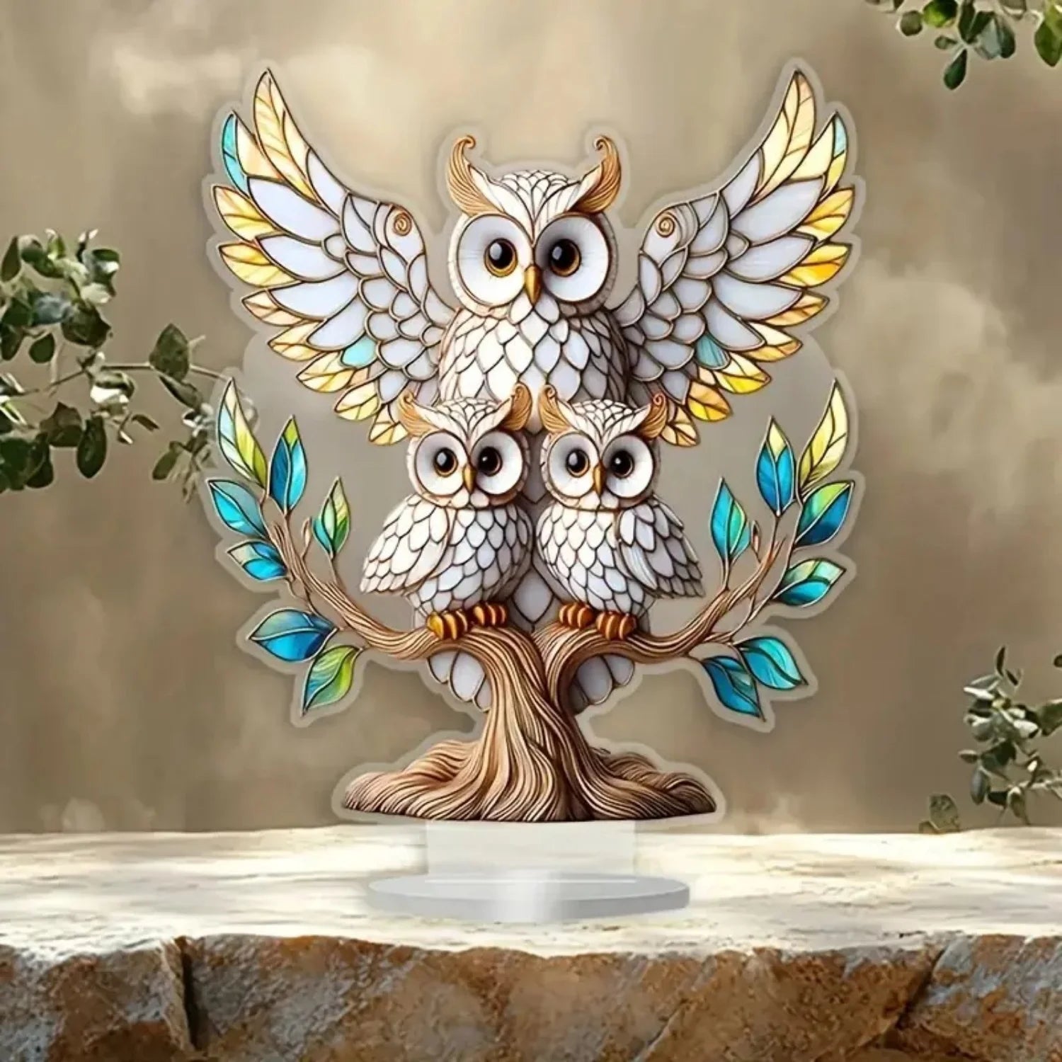 “Figura Acrílica 2D de Búho sobre Rama | Adorno Decorativo para Escritorio, Hogar, Estudio u Oficina. Perfecta para Exhibidores, Mesas y Como Regalo Original.”