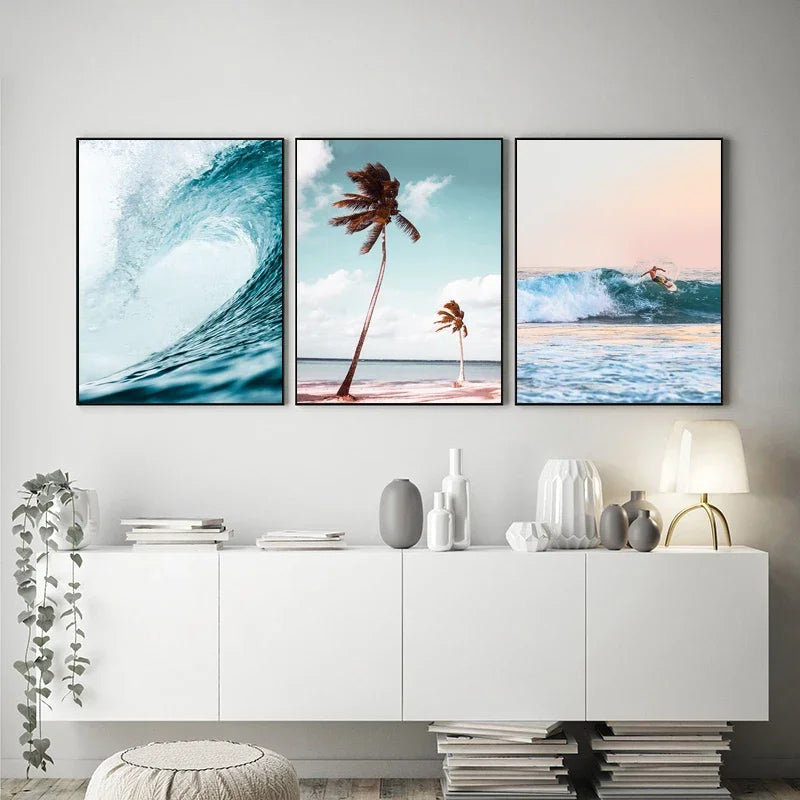 “Lienzo Decorativo Atardecer en la Costa | Pintura de Paisaje Marino con Olas y Surf, Impresión en Póster de Océano para Pared, Arte Natural para Sala de Estar y Hogar.”