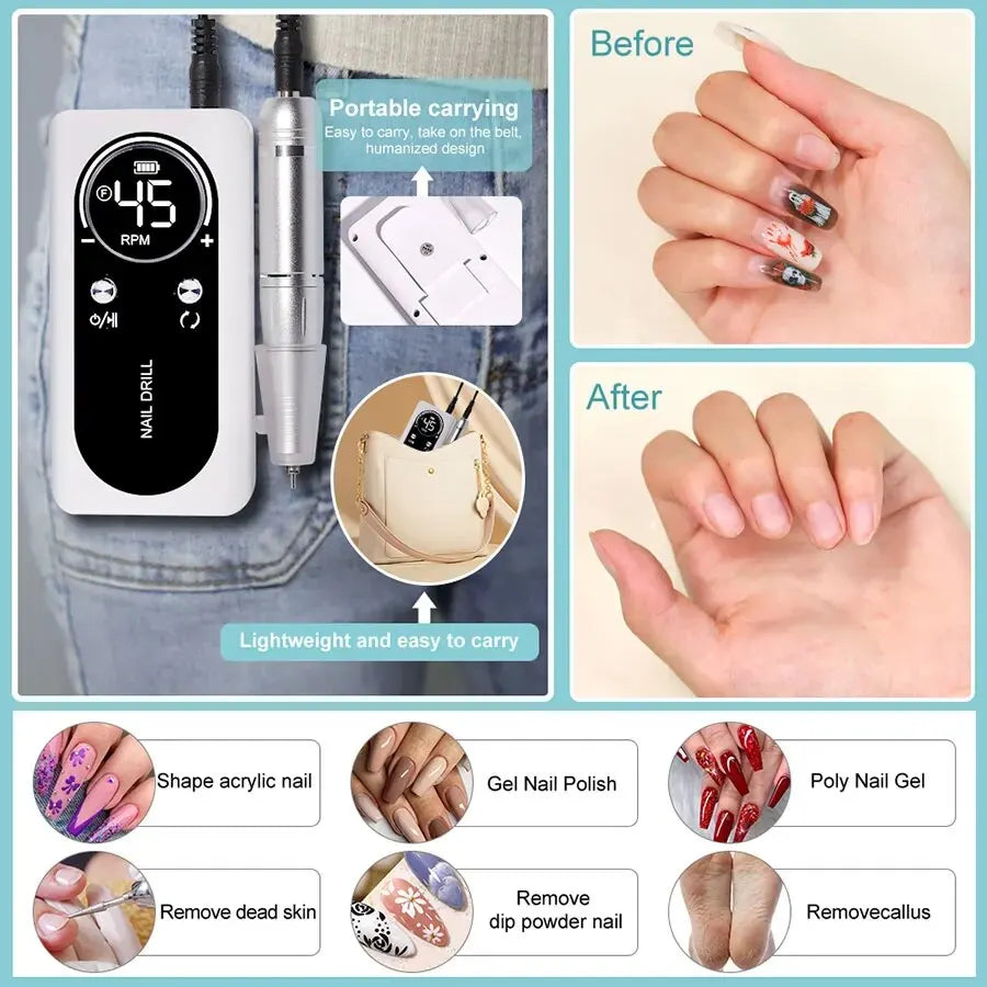 Torno Eléctrico Portátil Profesional 45.000 RPM | Potente, recargable y de bajo ruido. Ideal para manicura y pedicura, permite limar, pulir y retirar gel o acrílico con precisión.