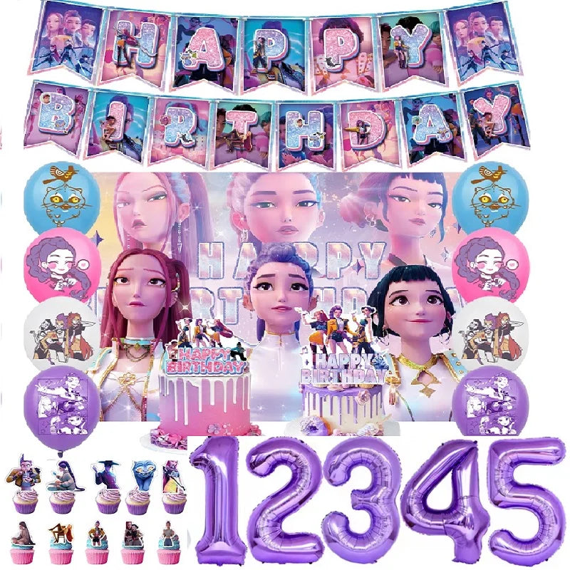 Set de Decoración de Fiesta K-Pop Demon Hunters | Incluye banner, globos, platos y mantel temático estilo anime coreano. Perfecto para cumpleaños y celebraciones, creando un ambiente divertido y único para fans del K-Pop.