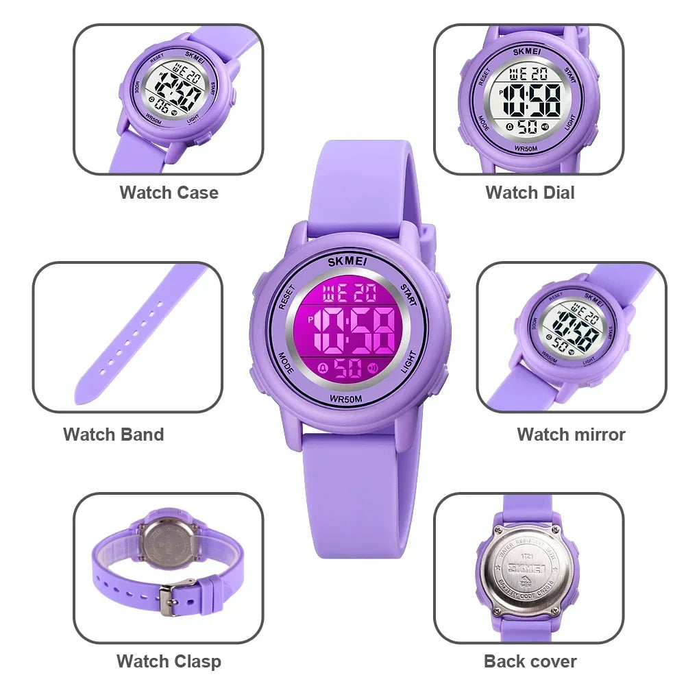 Reloj de pulsera digital LED de colores, resistente al agua, con alarma, deportivo, para niños y niñas.