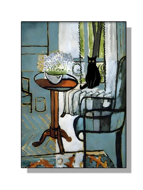 “Lienzo Decorativo Mona Lisa, Noche Estrellada y Girasoles con Gato Negro Divertido | Póster de Arte Famoso para Hogar.”