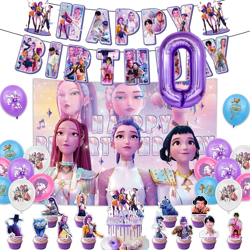 Set de Decoración de Fiesta K-Pop Demon Hunters | Incluye banner, globos, platos y mantel temático estilo anime coreano. Perfecto para cumpleaños y celebraciones, creando un ambiente divertido y único para fans del K-Pop.