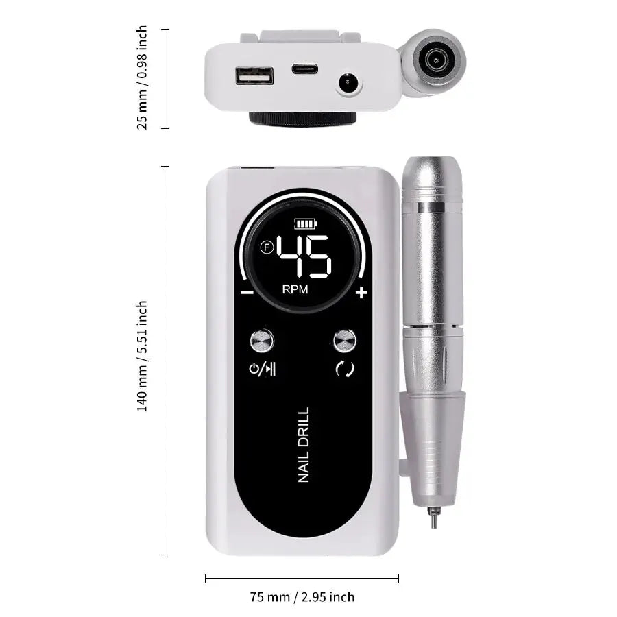 Torno Eléctrico Portátil Profesional 45.000 RPM | Potente, recargable y de bajo ruido. Ideal para manicura y pedicura, permite limar, pulir y retirar gel o acrílico con precisión.