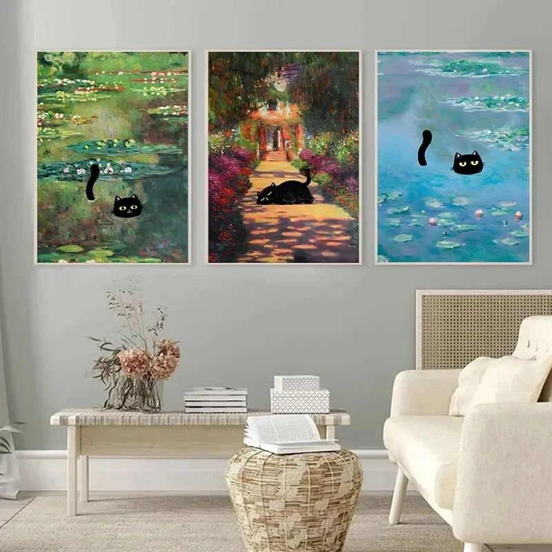 “Lienzo Decorativo Mona Lisa, Noche Estrellada y Girasoles con Gato Negro Divertido | Póster de Arte Famoso para Hogar.”