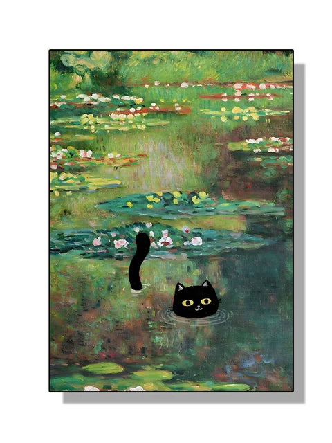 “Lienzo Decorativo Mona Lisa, Noche Estrellada y Girasoles con Gato Negro Divertido | Póster de Arte Famoso para Hogar.”