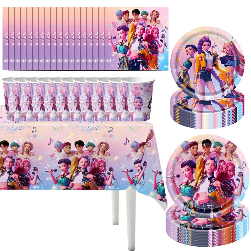 Set de Decoración de Fiesta K-Pop Demon Hunters | Incluye banner, globos, platos y mantel temático estilo anime coreano. Perfecto para cumpleaños y celebraciones, creando un ambiente divertido y único para fans del K-Pop.