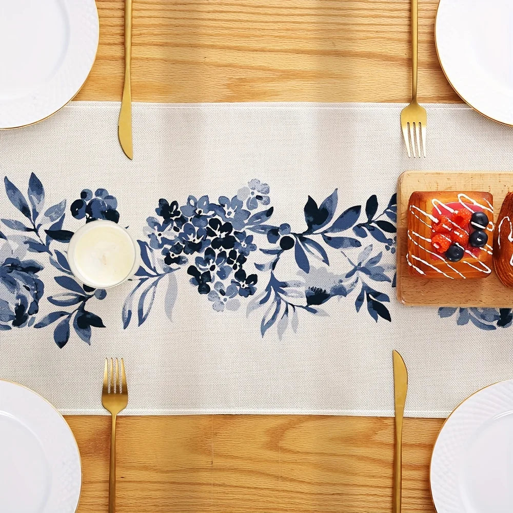 “Camino de Mesa de Lino Boho con Flores Azules | Ideal para Decorar Comedores, Cocinas, Aparadores y Mesas en Bodas, Fiestas o Celebraciones Especiales, Aportando Estilo y Elegancia.”