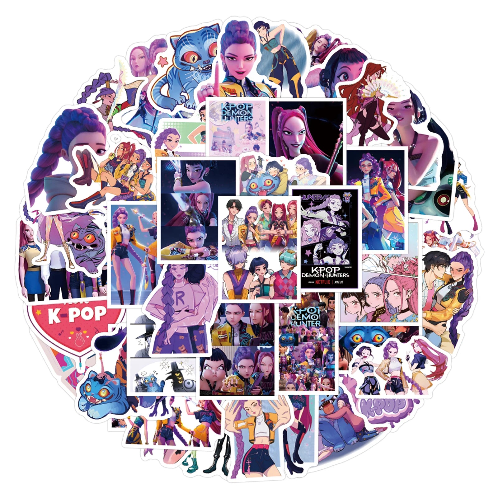Set de 55 Stickers Anime K-Pop Demon Hunters | Pegatinas resistentes al agua para scrapbooking, decoración de teléfonos, maletas, patinetas y más. Perfectas para personalizar objetos y expresar estilo, ideales para fans qu