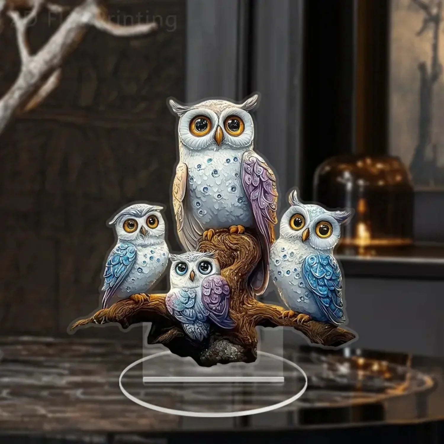 “Figura Acrílica 2D de Búho sobre Rama | Adorno Decorativo para Escritorio, Hogar, Estudio u Oficina. Perfecta para Exhibidores, Mesas y Como Regalo Original.”