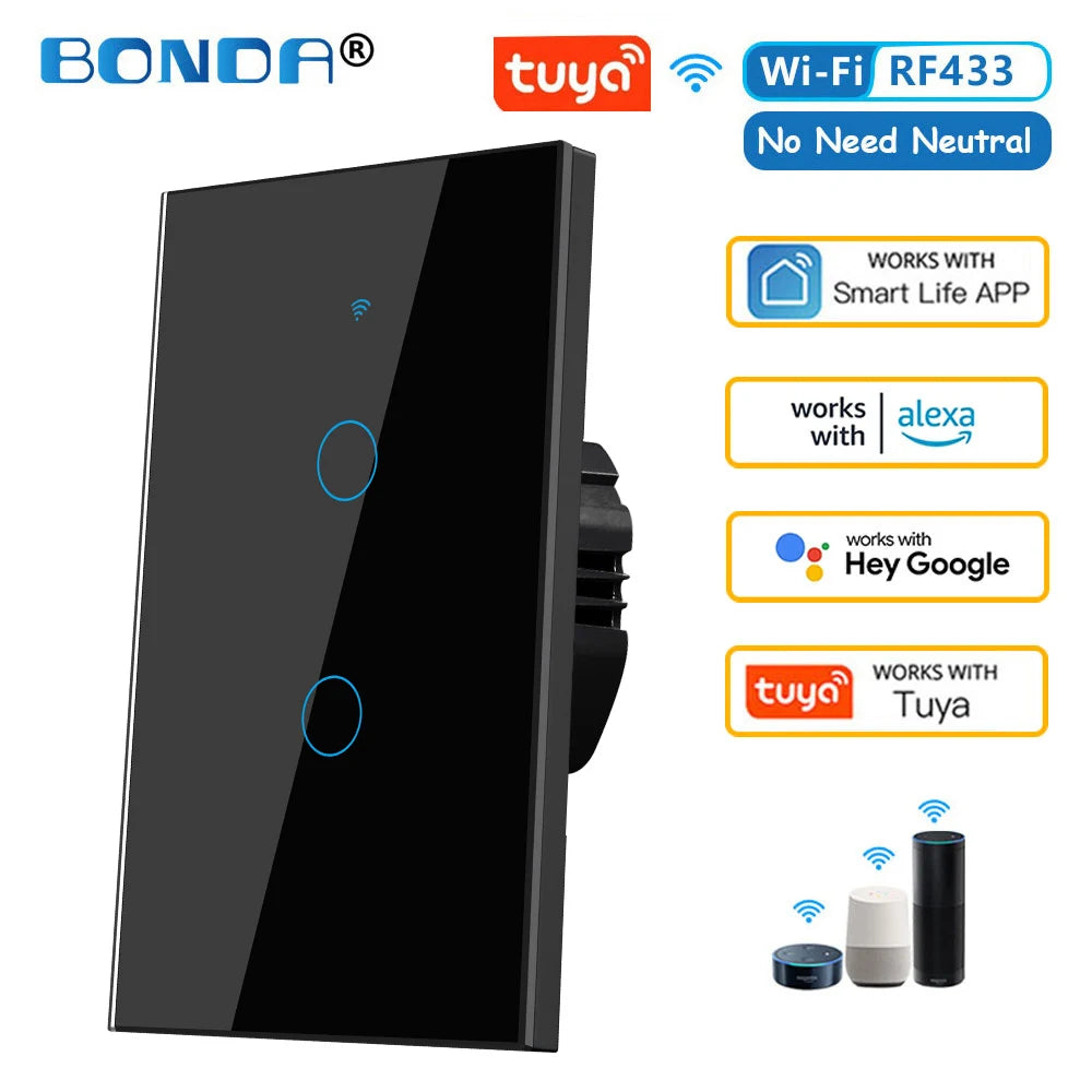 ¡Transforma tu hogar en un espacio inteligente y cómodo con un solo toque! El interruptor de pared inteligente Tuya, WiFi RF433 – 1/2/3 Gang Sin Cable Neutro con Sensor Táctil y Control por Alexa y Google Home