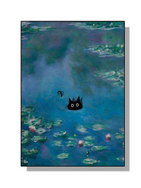 “Lienzo Decorativo Mona Lisa, Noche Estrellada y Girasoles con Gato Negro Divertido | Póster de Arte Famoso para Hogar.”