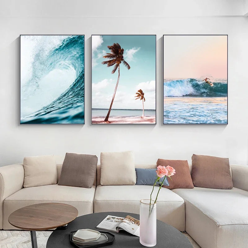 “Lienzo Decorativo Atardecer en la Costa | Pintura de Paisaje Marino con Olas y Surf, Impresión en Póster de Océano para Pared, Arte Natural para Sala de Estar y Hogar.”